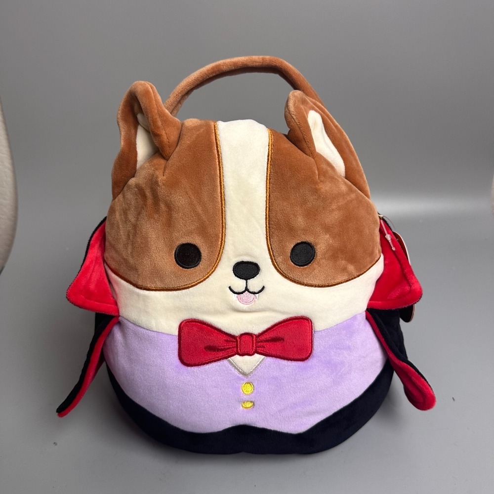 Squishmallows Reginald the Corgi Vampire Halloween Treat Pail‎ Plush Bucket NWT